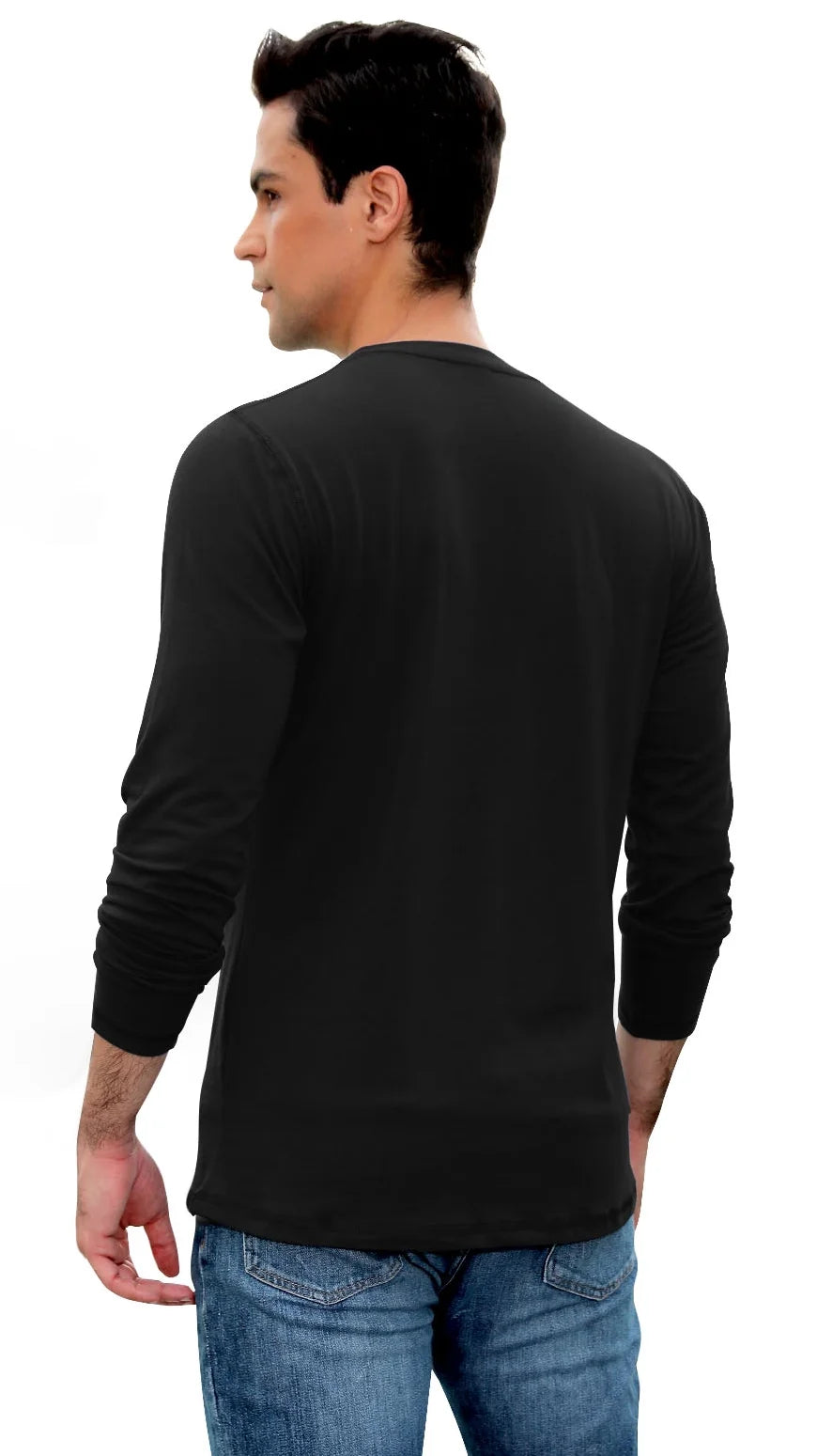 Mens Henley Long Sleeve T-Shirt Cotton Casual Shirt US Medium Black