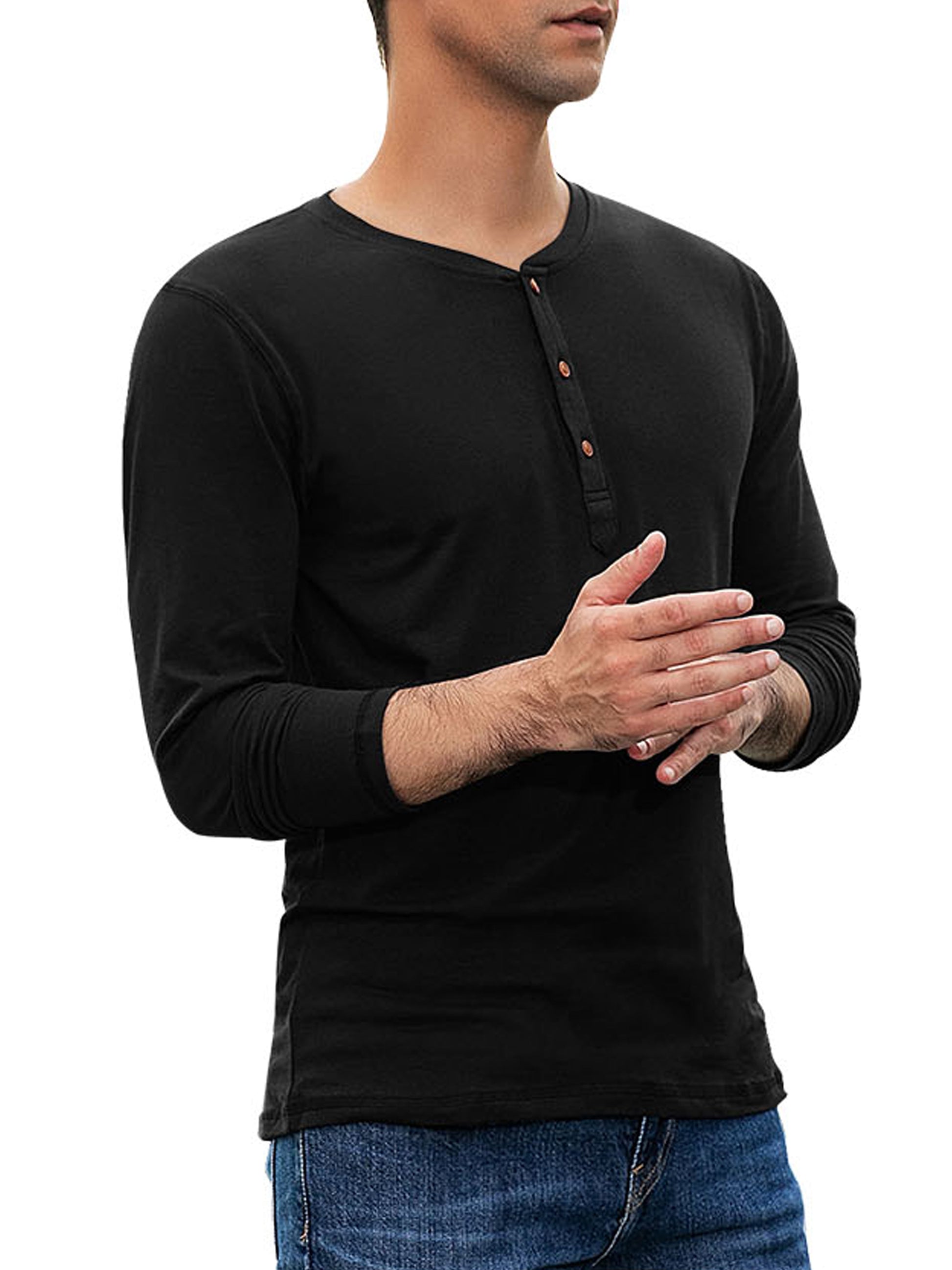 Mens Henley Long Sleeve T-Shirt Cotton Casual Shirt US Medium Black