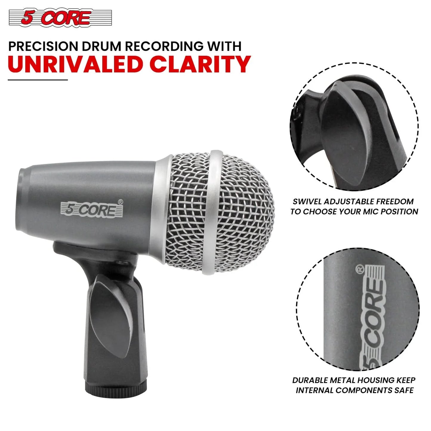 5Core Conga Mic Snare Tom Microphone Drum Kit Condenser XLR Instrument Mics GREY