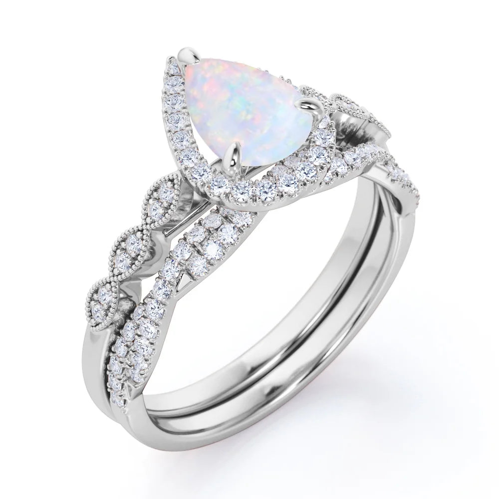 1.5 Carat Pear Cut Lab Created October Birthstone Opal and Moissanite Vintage Engagement Ring - Halo Pave Bridal Set in 18K White Gold over Silver