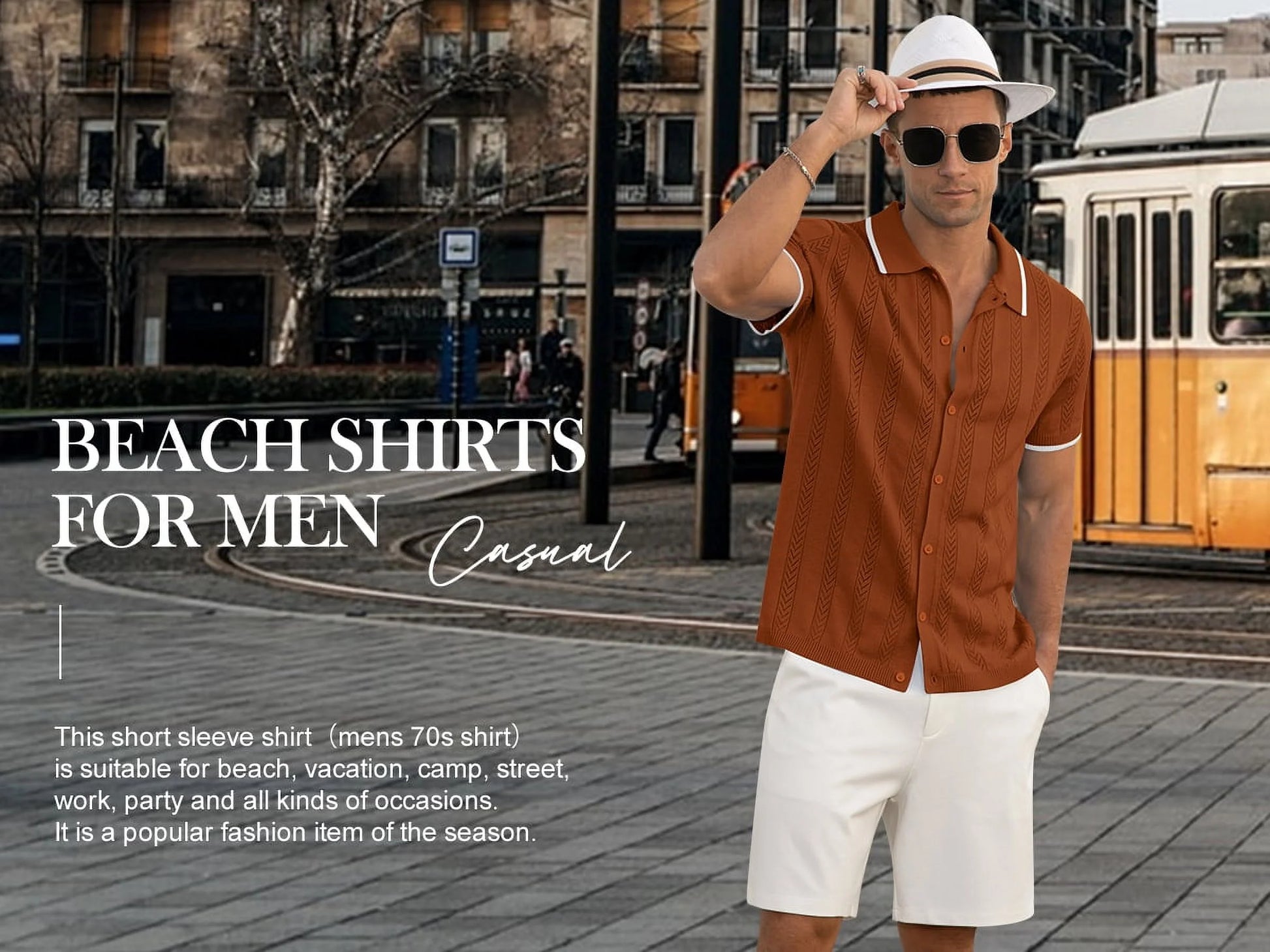 Men'S Casual Button down Shirt Short Sleeve Vintage Clothes Knit Polo Shirts Summer Beach Shirts