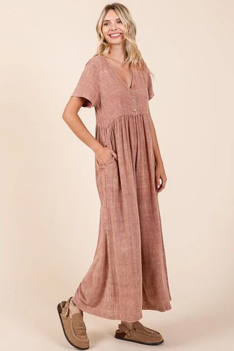 Mittoshop Mineral Wash Jumpsuit - Short Sleeve Flowy Wide Leg Design