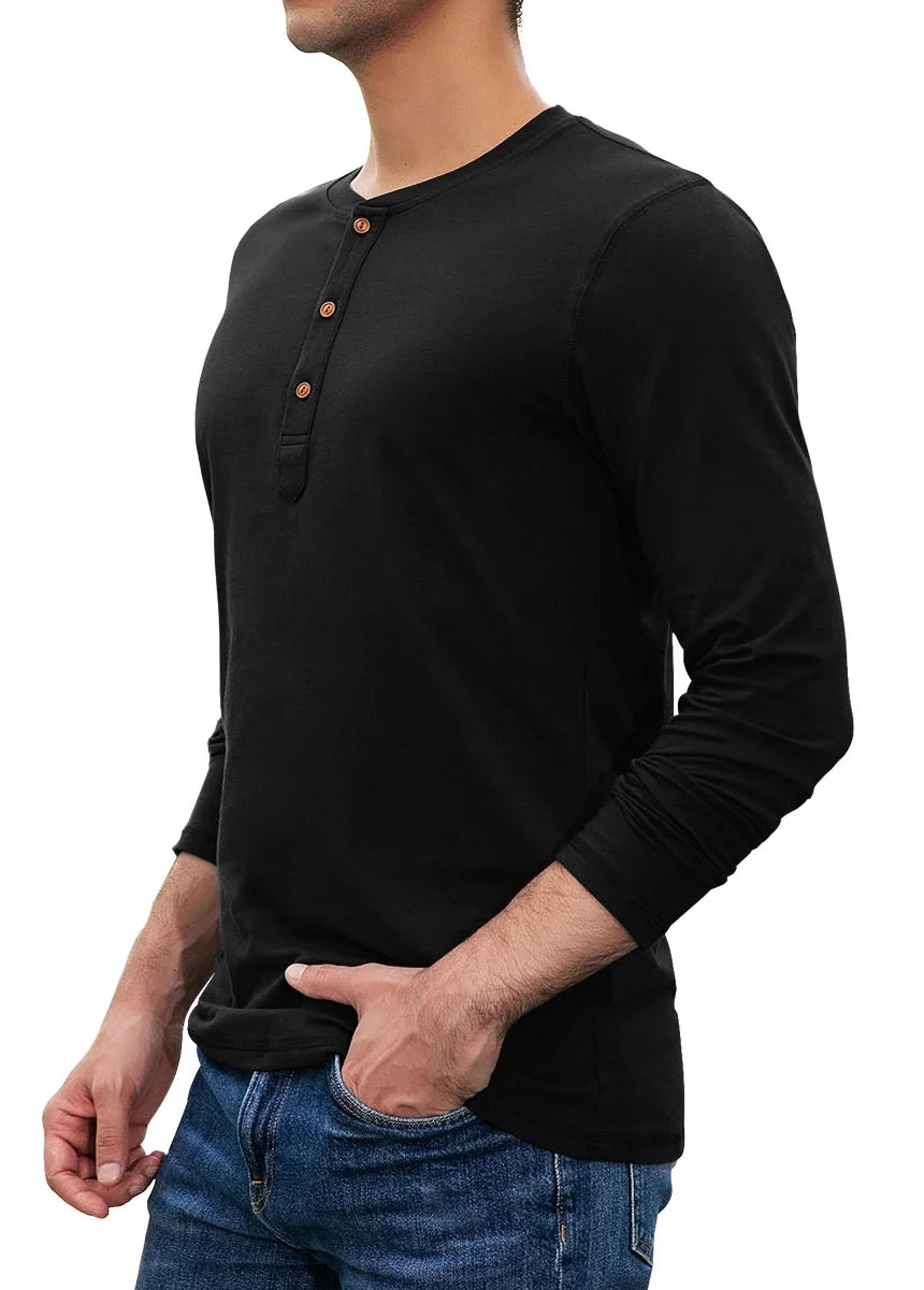 Mens Henley Long Sleeve T-Shirt Cotton Casual Shirt US Medium Black