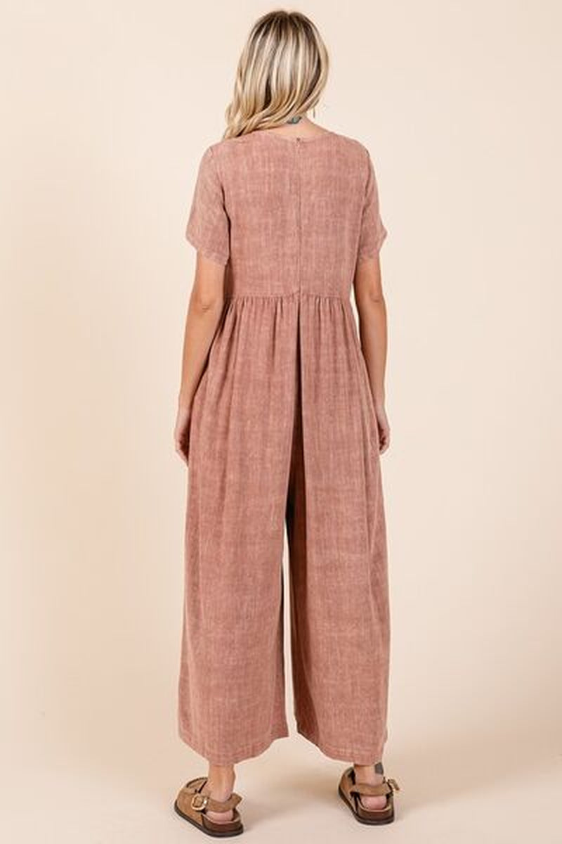 Mittoshop Mineral Wash Jumpsuit - Short Sleeve Flowy Wide Leg Design