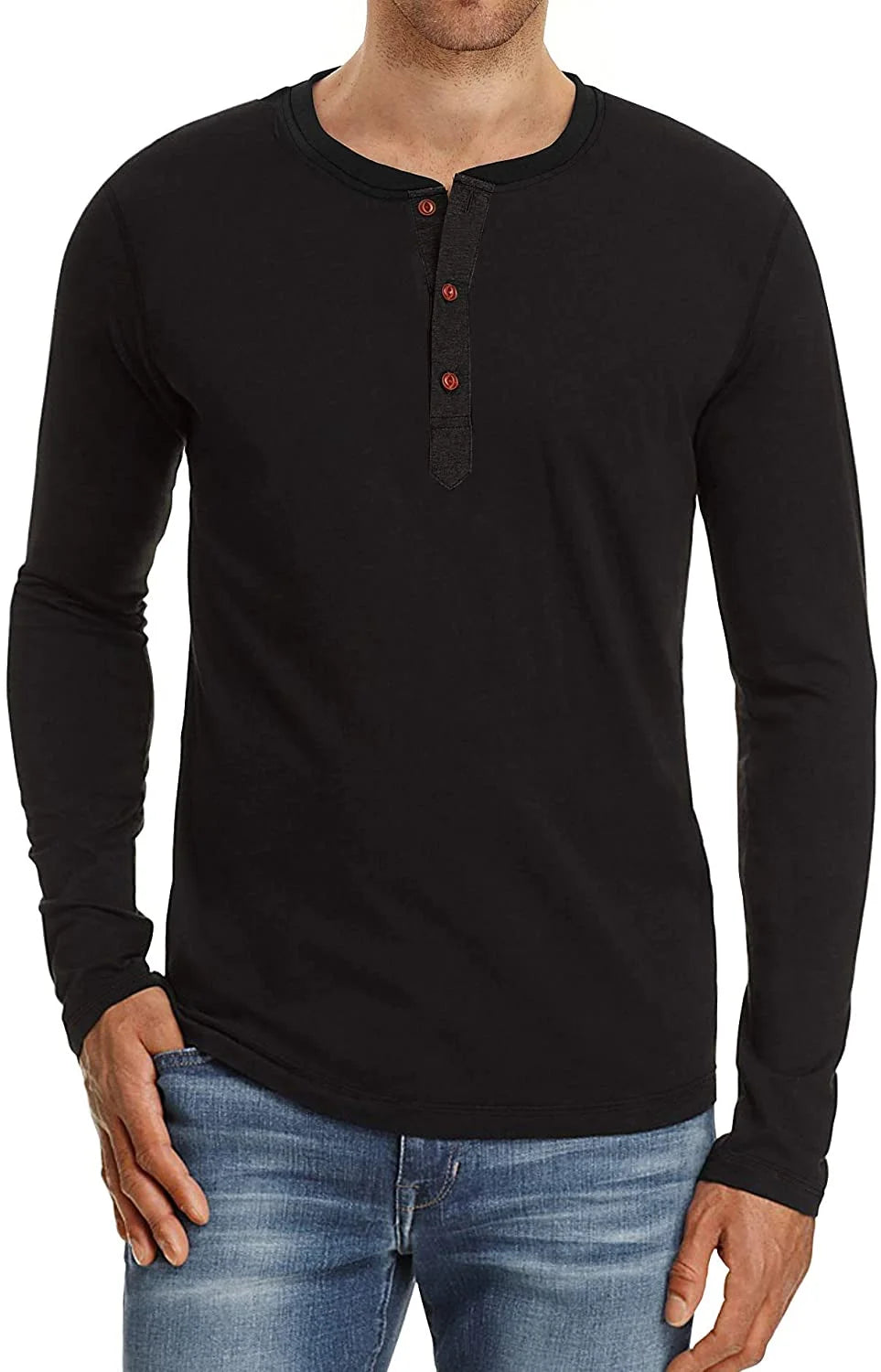 Mens Henley Long Sleeve T-Shirt Cotton Casual Shirt US Medium Black